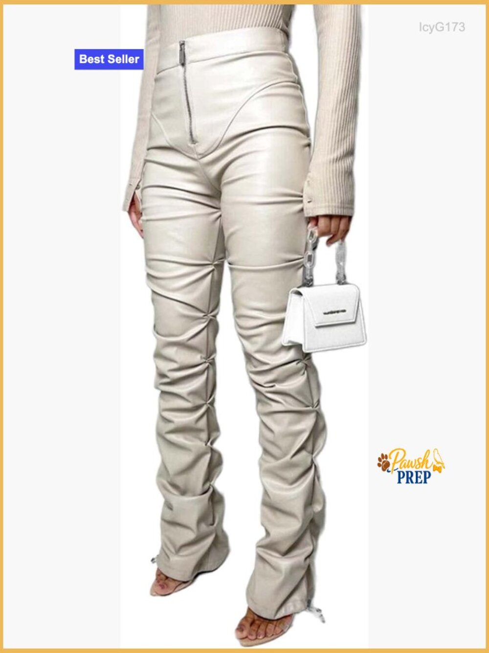 High Waist Faux Leather Pleated Stacked Leggings Y2K Streetwear Pants - Picture 1 of 5